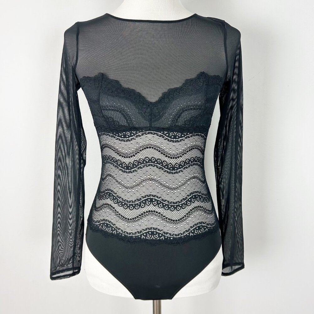 Adore Me Black Sheer Lace Bodysuit Top Long Sleeve Whimsigoth Size Small Women's